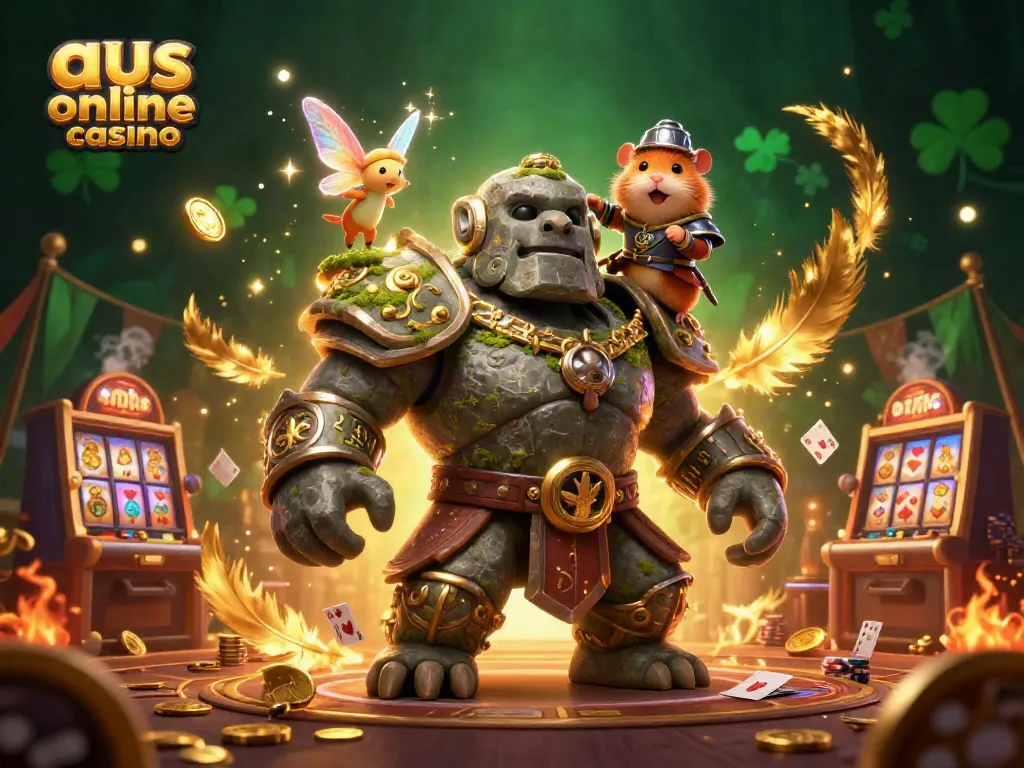 Engage in exciting play at an aus online casino featuring a 3D stone golem, fairy, and knight with slot machines.