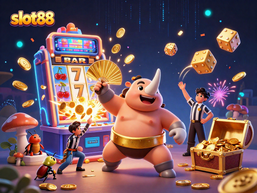 Experience winning excitement at slot88 with a dynamic 3D scene of jackpot thrills and colorful casino elements.