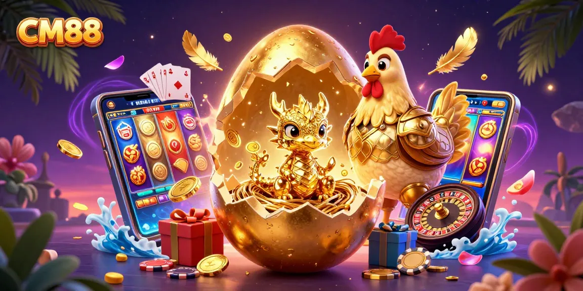 Win big at CM88 with a dazzling golden dragon and casino elements in a dynamic scene.