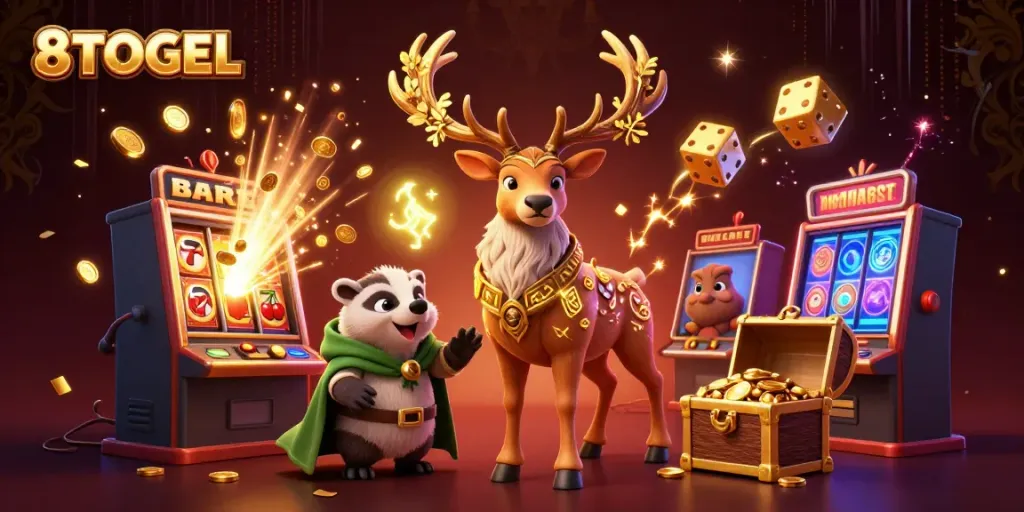 Jangan lewatkan jackpot 8TOGEL yang menakjubkan dengan simbol slot, koin, dan cahaya!