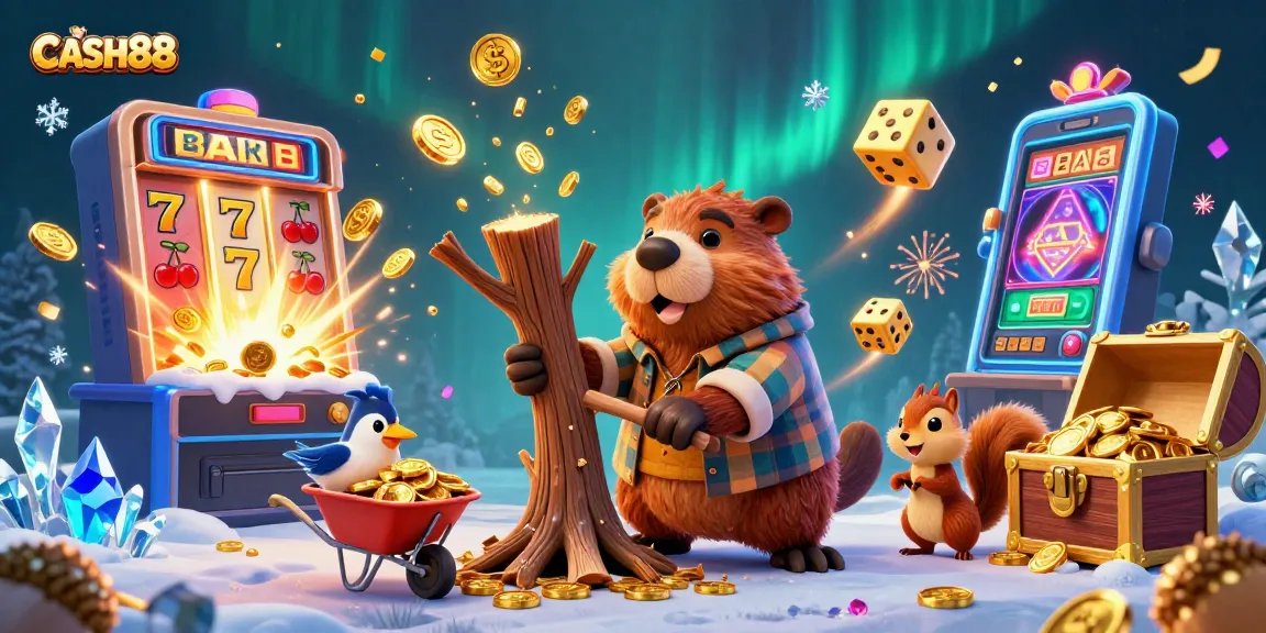 CASH88 offers a lively casino gaming scene with cartoon characters collecting coins and engaging in fun activities.