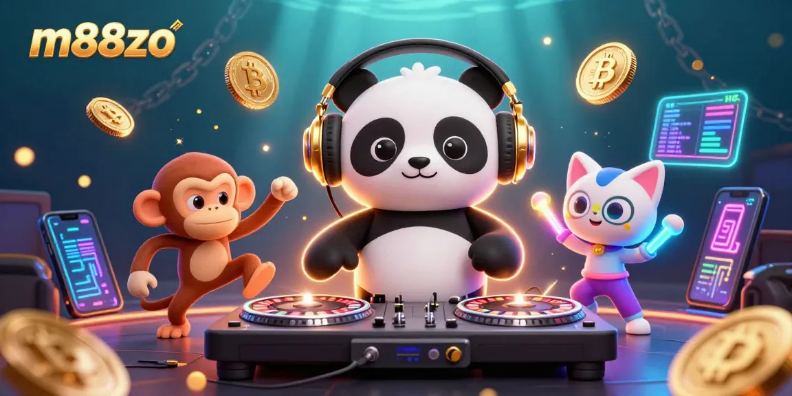 Engage with m88zo's vibrant scene featuring a DJ panda, breakdancing monkey, and a glow-stick kitten amidst crypto elements.