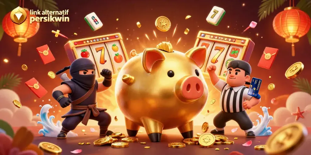 Menangkan link alternatif persikwin dengan keberuntungan dari fitur koin emas dan karakter unik dalam gambar kasino.