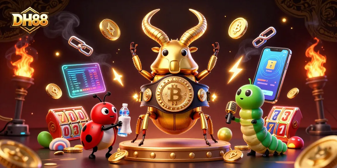Experience excitement at DH88, where a golden stag beetle and friends face off in a vibrant casino battle.