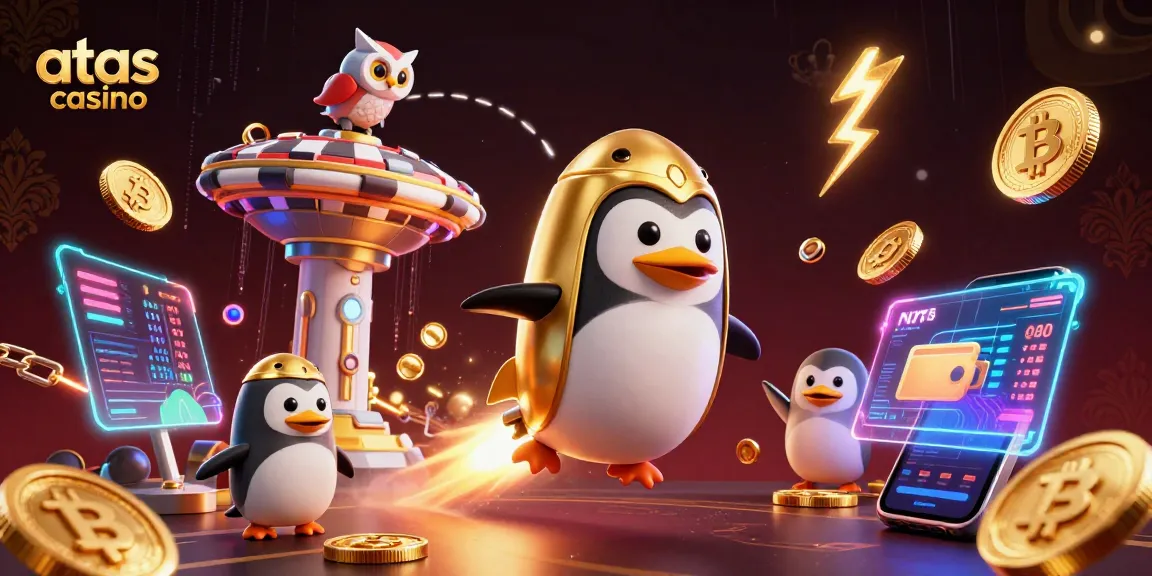 Experience exciting gaming at atas casino with a 3D illustrated rocket penguin and casino space station.