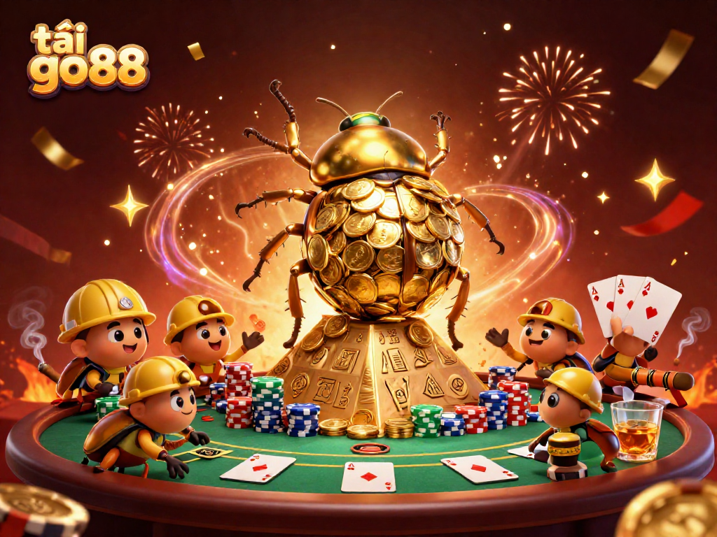Play and win at tải go88 with an exciting casino scene featuring golden beetles and poker elements.