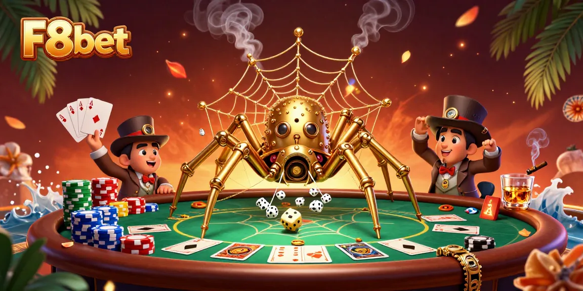 Experience thrilling gaming at F8bet with an intricate web of poker elements and playful characters.