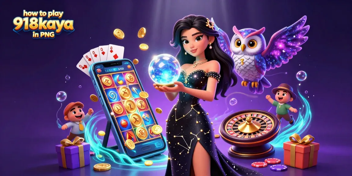 Experience how to play 918kaya in PNG with a vibrant 3D illustration showcasing thrilling casino elements and characters.