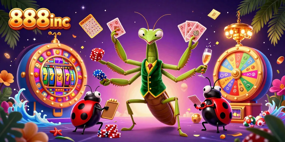 Engage in casino fun with 888inc featuring a giant praying mantis card sharp and ladybug pit boss.