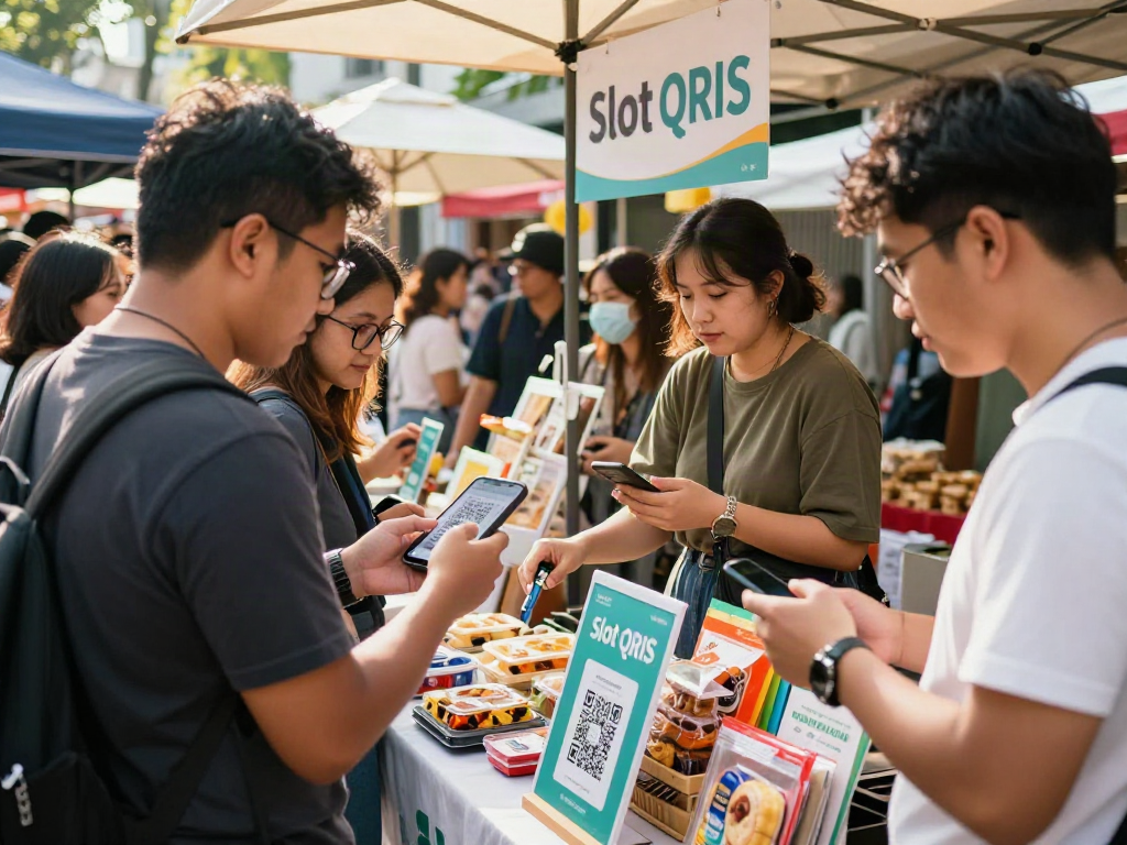 Engaging urban market scene with diverse individuals using slot QRIS payment methods, showcasing modern commerce.