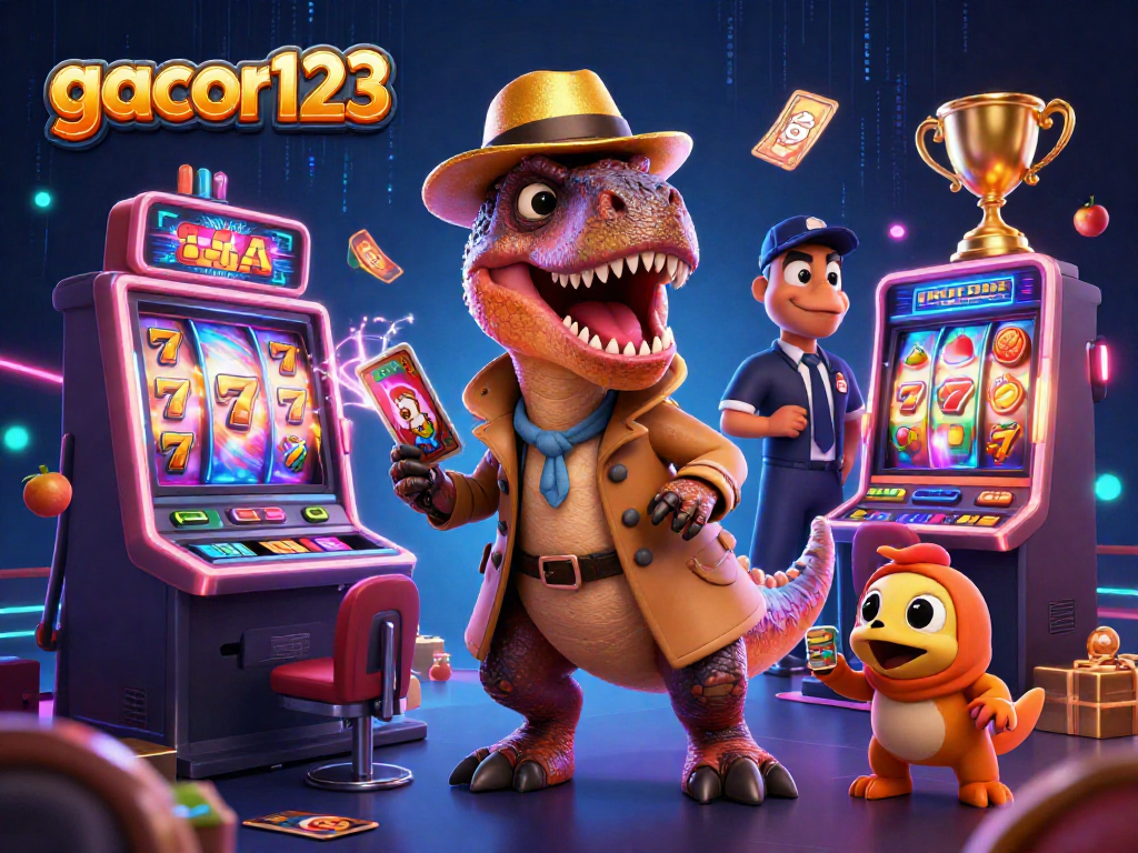 Engage with gacor123's slots as a raptor attempts to play incognito, surrounded by rich casino elements.