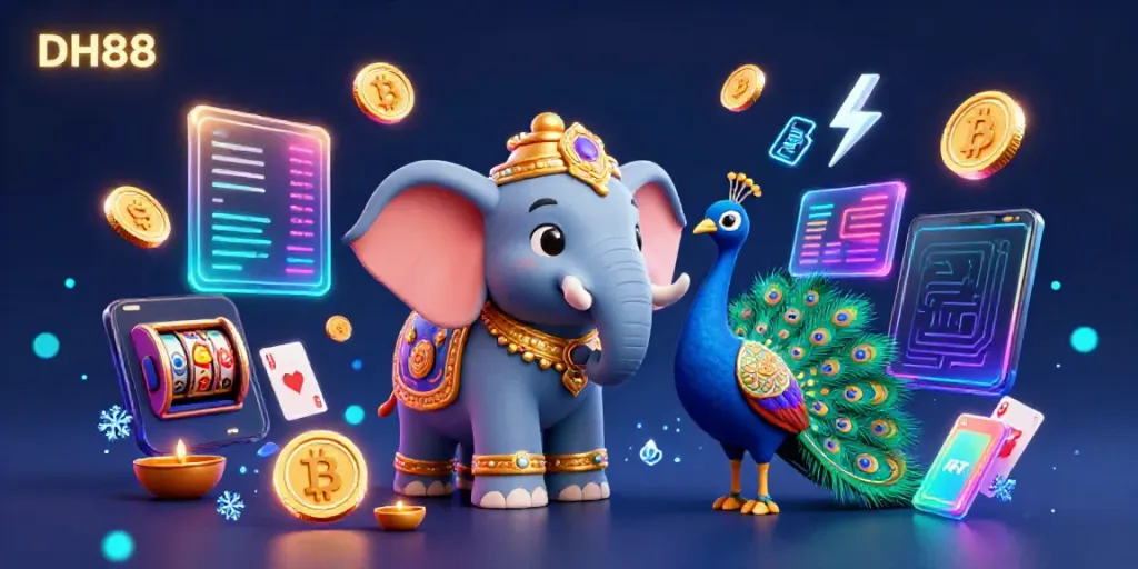 Experience the excitement of DH88 with vibrant casino elements in a colorful 3D illustration.