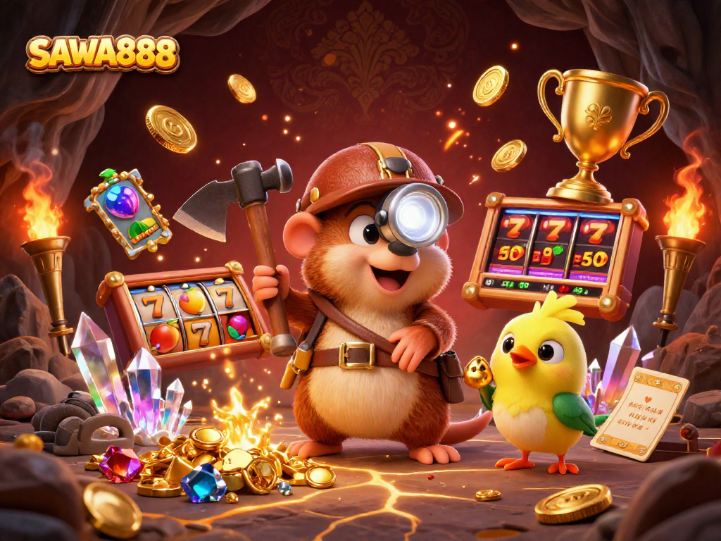 SAWA888 reveals an exciting mining adventure featuring a treasure hunter mole and golden gaming elements, perfect for online casino players.