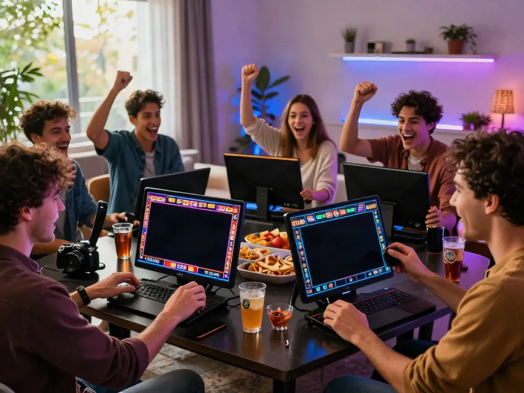 Friends celebrating a big slot jackpot win while gaming online together in a vibrant living room.