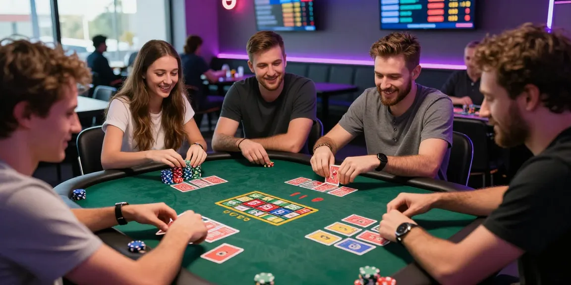 Exciting gameplay in a vibrant gaming lounge with players enjoying Rummy and Blackjack.