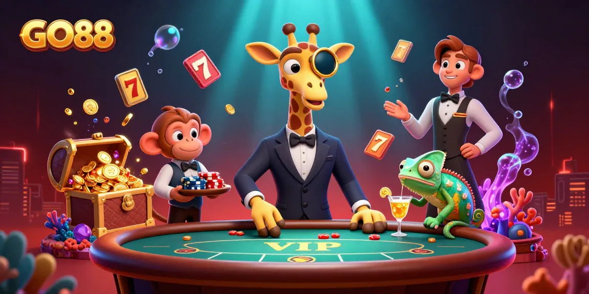 Experience thrilling slots at GO88 with a high-roller giraffe in a vibrant casino setting.