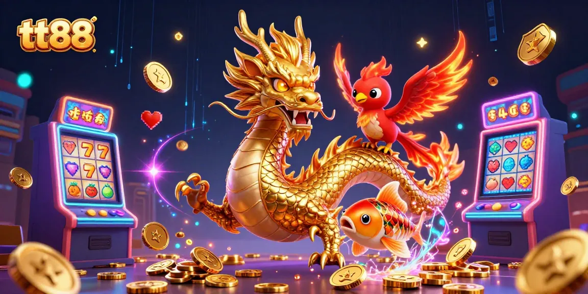Experience thrilling gaming action at tt88 with a dynamic illustration of a dragon, phoenix, and koi fish surrounded by vibrant slot machines and coins.