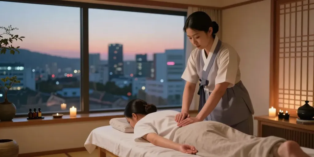 Relaxing 서울출장안마 massage therapy session in tranquil Seoul room with skyline view.