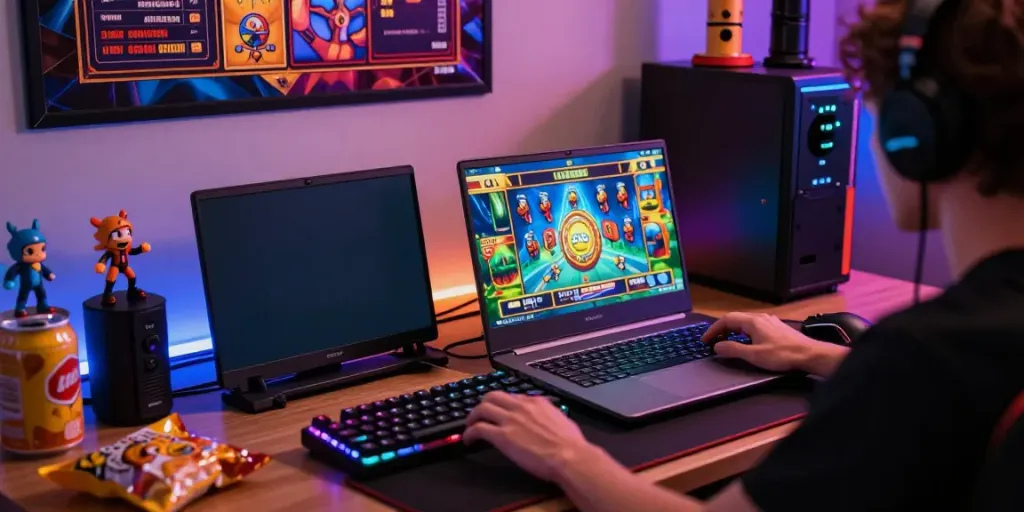 Engaging gaming scene with akunjp logo, vibrant slot game on laptop.