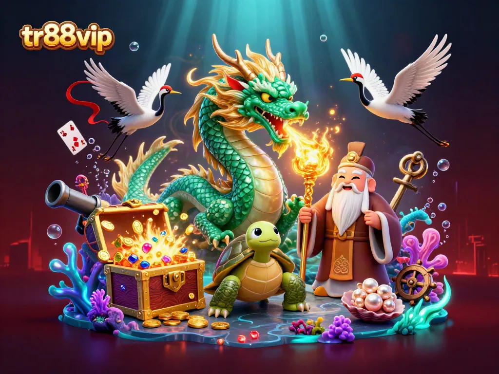 tr88vip presents an enchanting scene of a jade dragon and sage amidst vibrant casino elements.