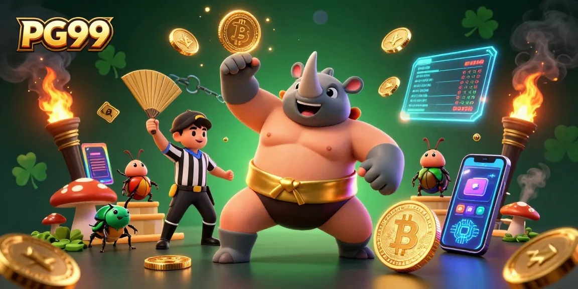 Experience PG99's exciting games with golden coins flying and colorful casino elements in a vibrant 3D scene.