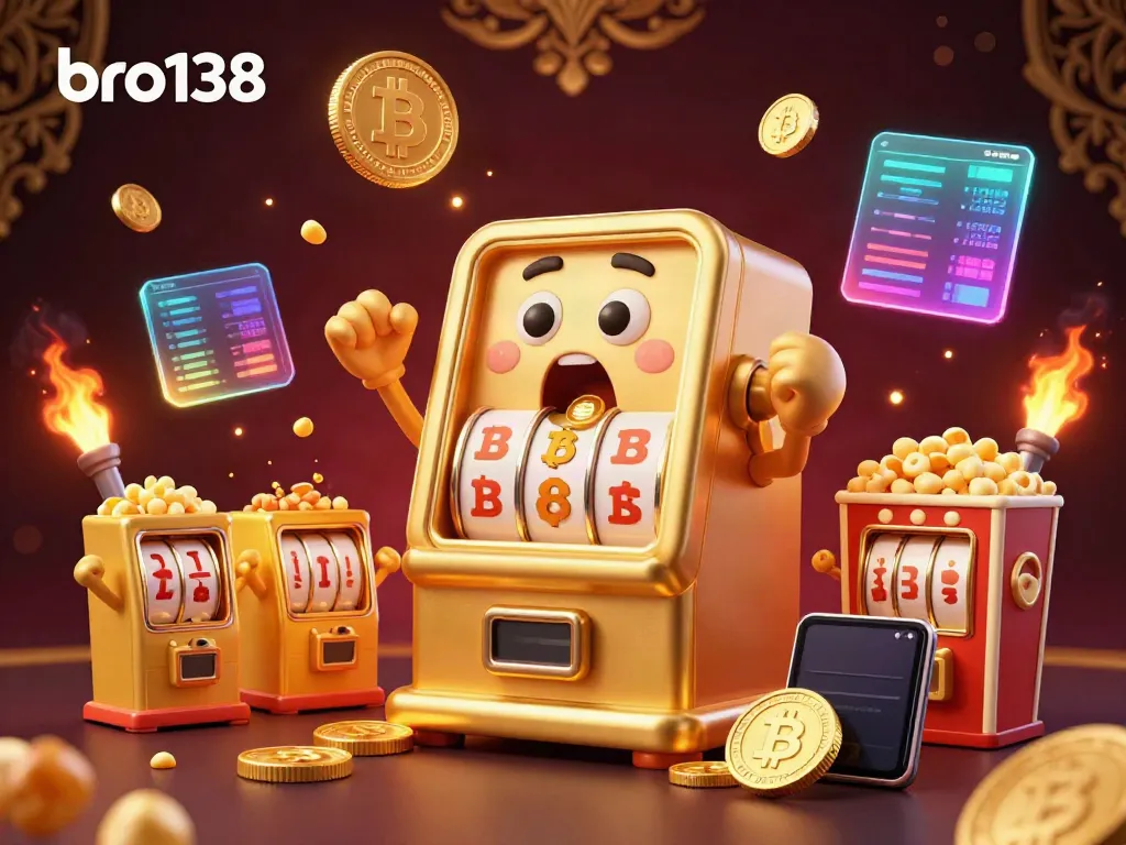 Watch the animated bro138 slot machine celebrating a jackpot with cheering companions in a vibrant casino scene.