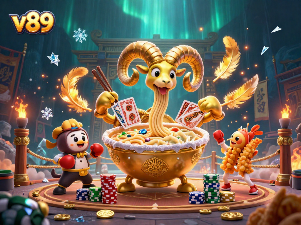 gambar v89 yang menunjukkan ramen emas beraksi di arena kasino dengan koin emas bertebaran