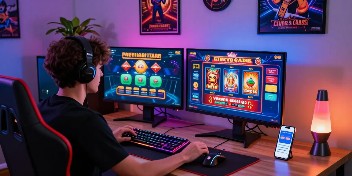 A gamer exploring the world of credit card casinos on https://thebls.org.uk, showcasing vibrant casino games and bonuses at a colorful gaming desk.