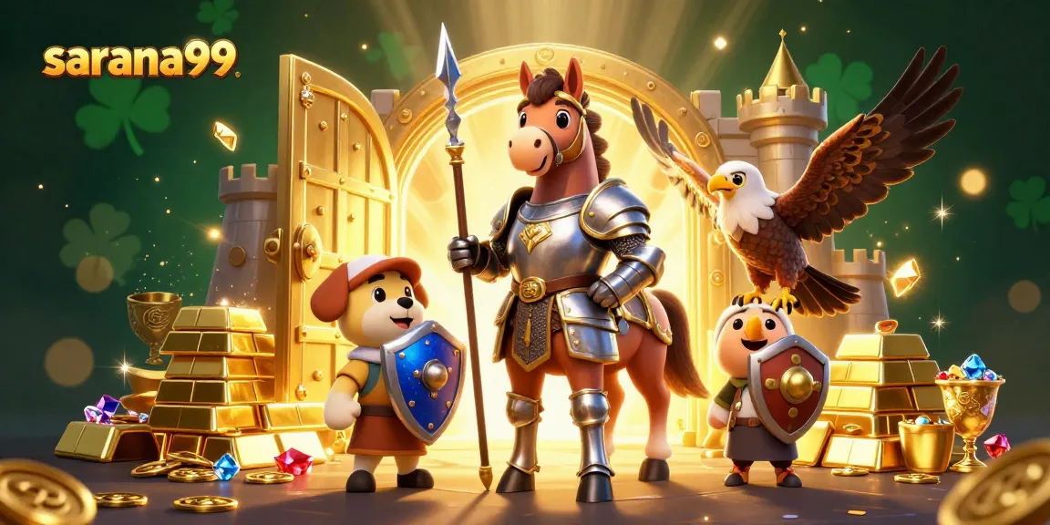 Sarana99 showcases a medieval knight and squire in a dynamic gaming scene enriched with treasure elements and fantasy.