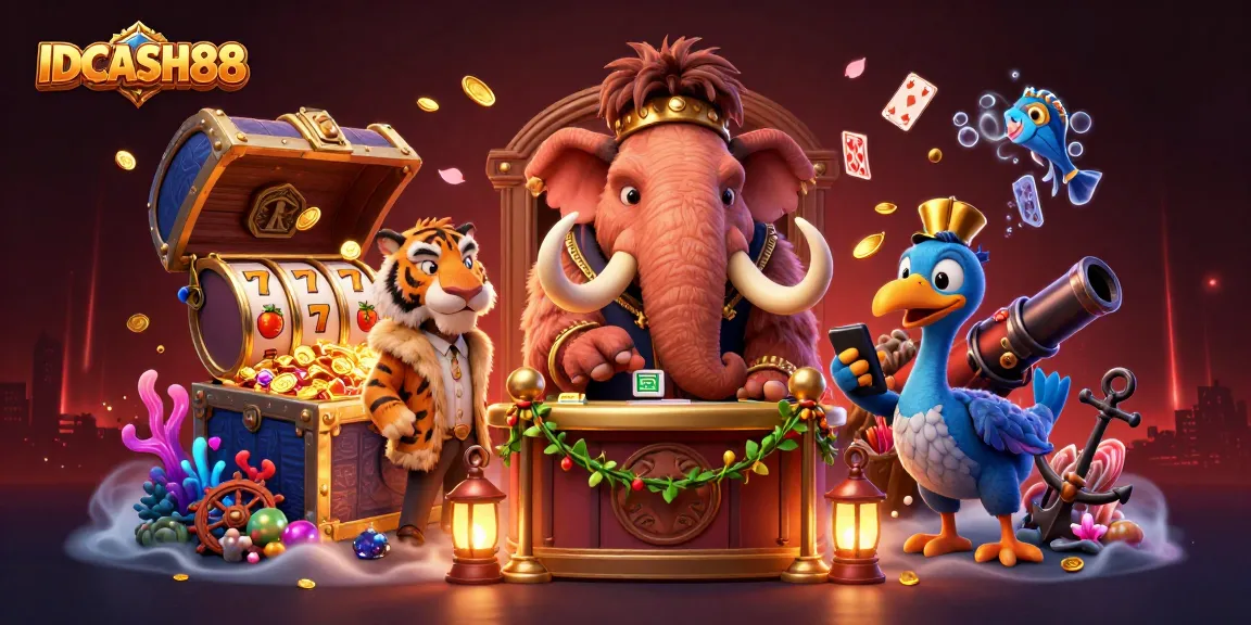 Engage in thrilling gameplay at IDCASH88 featuring a vibrant casino scene with a woolly mammoth bouncer and exciting slot elements.