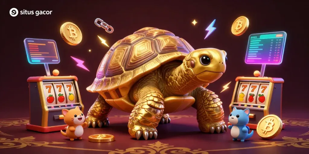 Ilustrasi 3D mengagumkan bertema situs gacor, menampilkan karakter slot berkilau dan simbol jackpot.