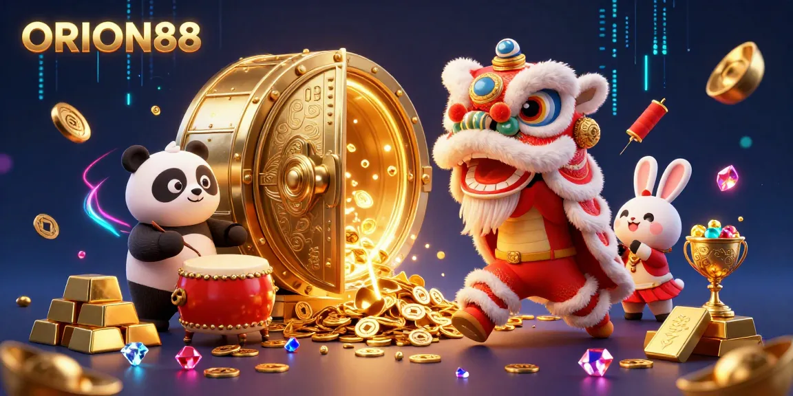 Engage with ORION88's vibrant casino atmosphere featuring a lively lion dance and treasure elements.