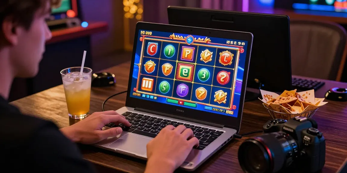 Pengguna bermain slot online dengan laptop dan suasana bermain yang menarik.