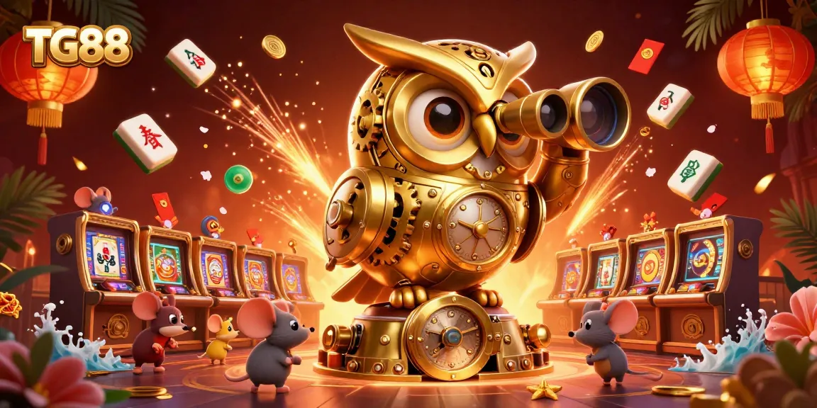 The TG88 casino showcases vibrant action with the golden owl overseeing, guiding players through exciting gaming experiences.
