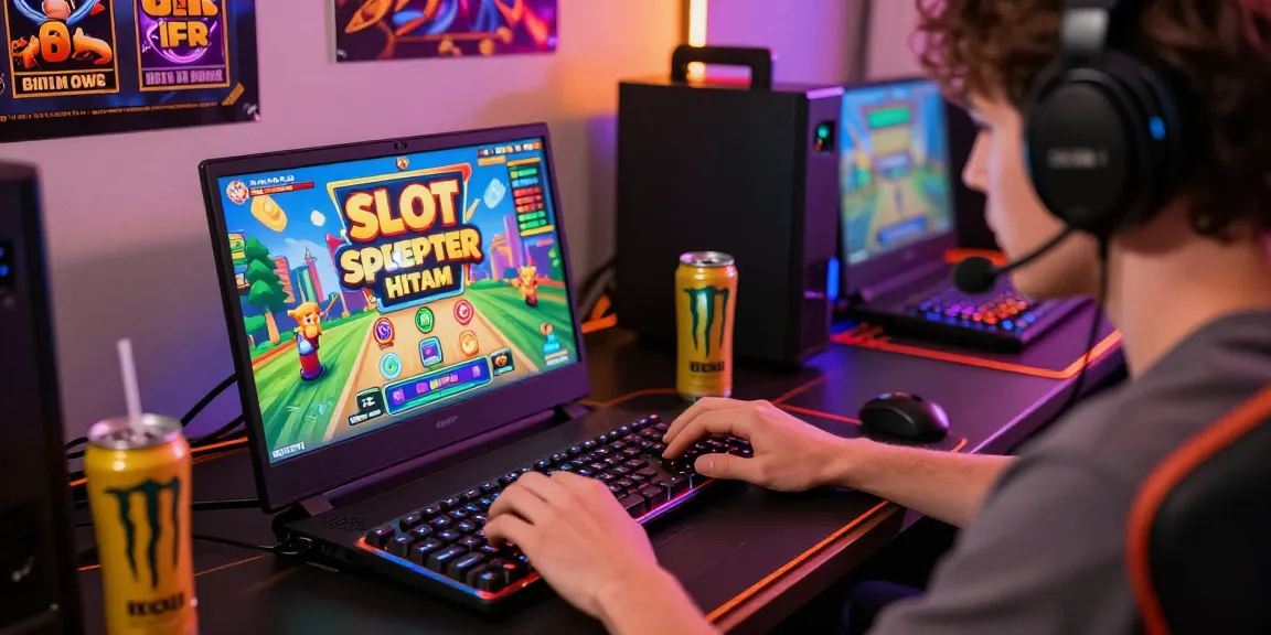 Engaged player enjoying Slot Scatter Hitam game on laptop in an exciting gaming setup.