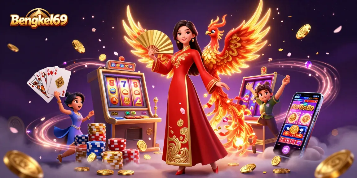 Experience the thrill of winning at Bengkel69 with a dynamic casino scene featuring a woman in traditional attire, slot machines, and vibrant poker chips.