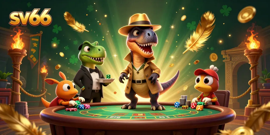 sv66 playful cartoon velociraptor attempting to blend in at a casino blackjack table, showcasing vibrant illustration.