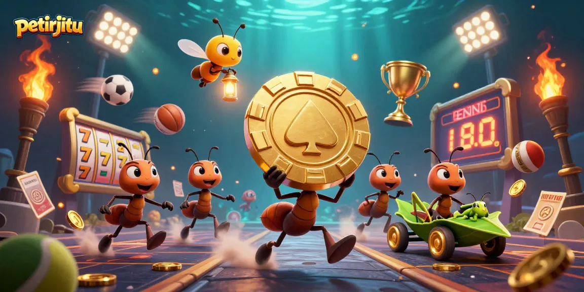 Petirjitu menampilkan tim semut 3D membawa chip poker emas di bawah sinar lentera, dikelilingi elemen kasino dinamis.