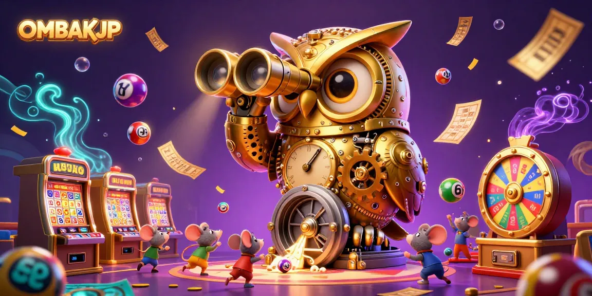 Engage with OMBAKJP at its vibrant casino scene featuring a clockwork owl and lively patrons.