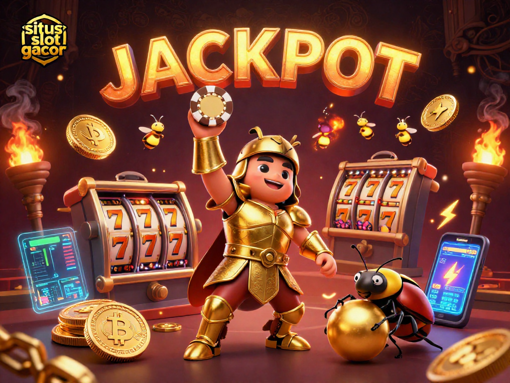 Spin to win at situs slot gacor with a victorious beetle and jackpots glowing in this vibrant scene.