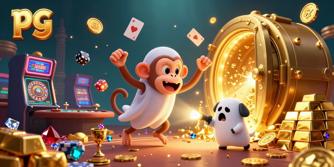 Experience the excitement of pg slots with treasures and playful characters in a vibrant casino scene.