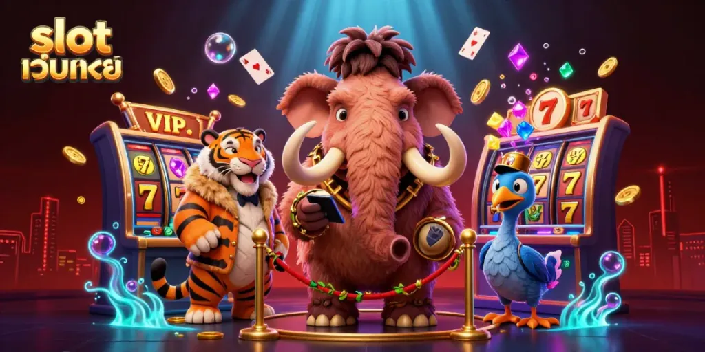 แสดงบรรยากาศคาสิโนที่เต็มไปด้วยสีสันกับสาวกสล็อต เว็บตรงในแนวภาพการ์ตูน 3D