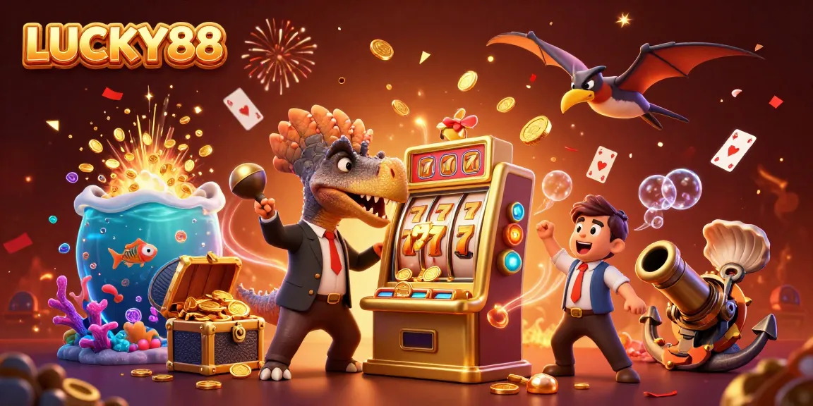 Experience excitement with LUCKY88 as a dinosaur heads for jackpot at a vibrant casino scene.