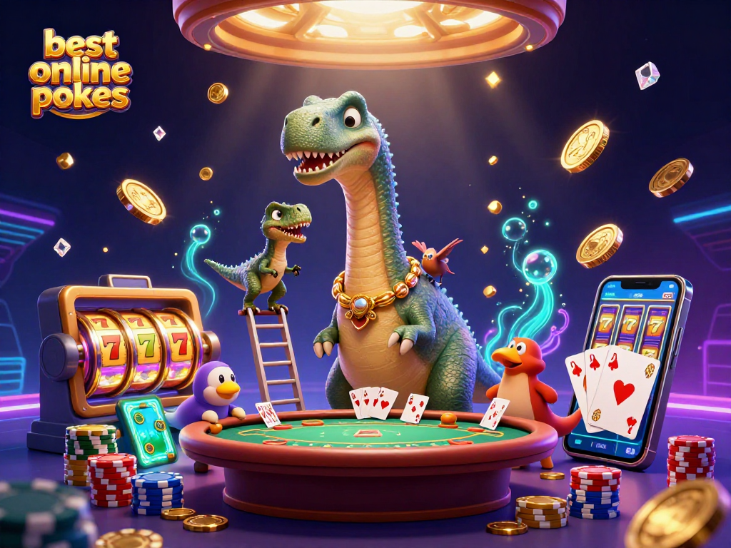 Experience the best online pokies with a theatrical 3D casino scene featuring dinosaurs and vibrant game elements.