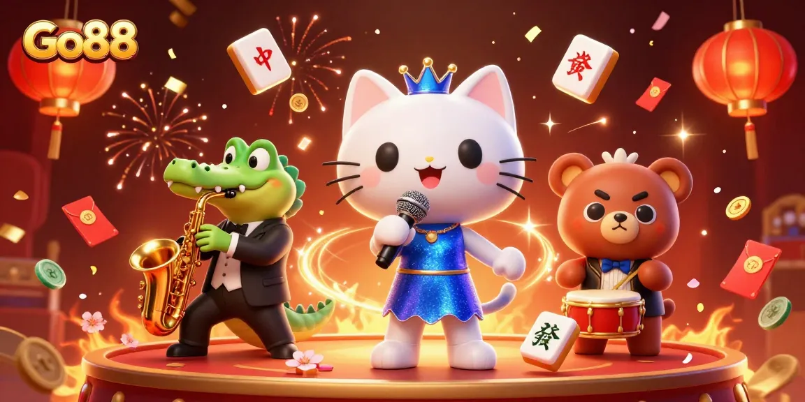 Experience vibrant Go88 casino entertainment with lively characters in a celebratory scene.