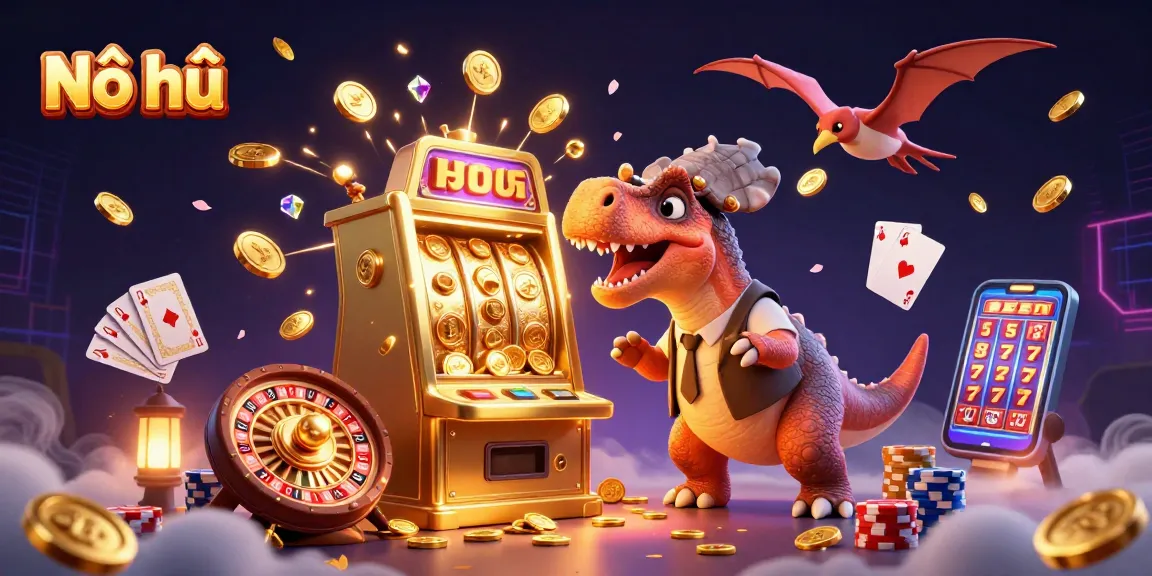 Nổ hũ slots illustrated with pachycephalosaurus hitting a machine, winning coins everywhere.