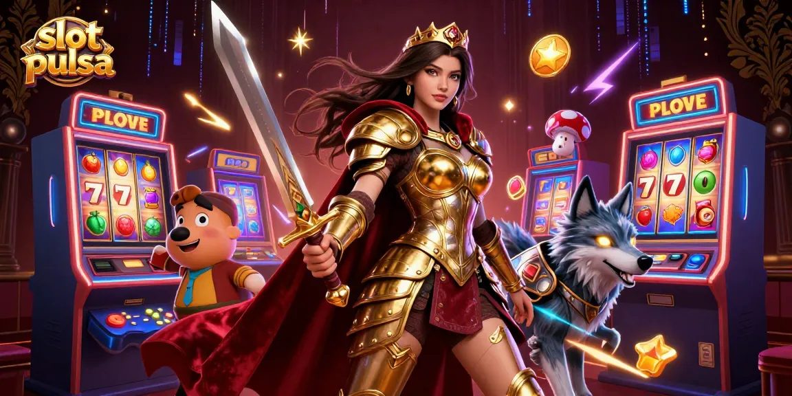 Engage in thrilling slot pulsa gaming with an armored queen and wolf companion in a vibrant casino.