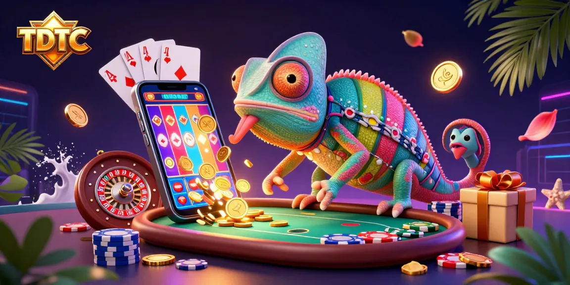 TDTC chameleon casino owner engaging players with colorful slot games and gold coins.
