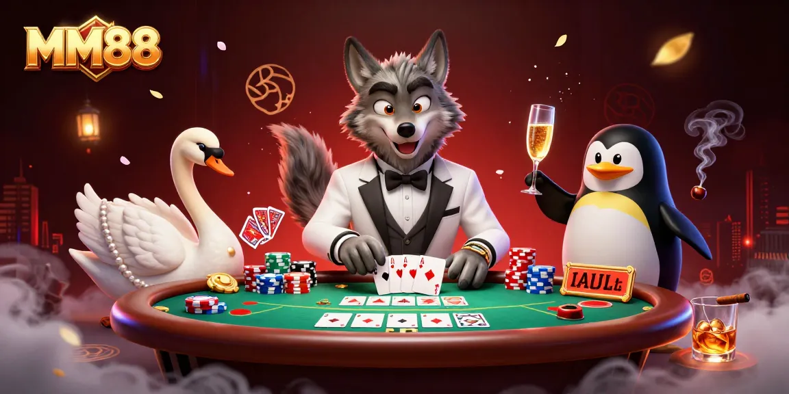 Experience thrilling gameplay at MM88 with an elegant wolf, swan, and penguin in a casino setting.