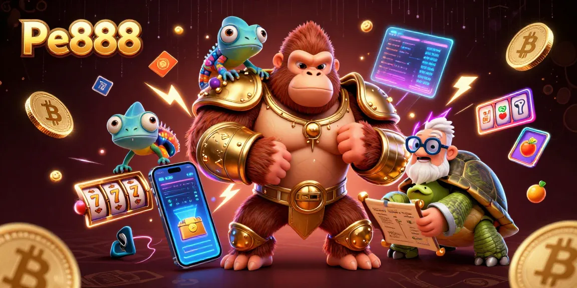 Experience Pe888's vibrant casino adventure with characters in a dynamic 3D scene, showcasing slots and crypto.